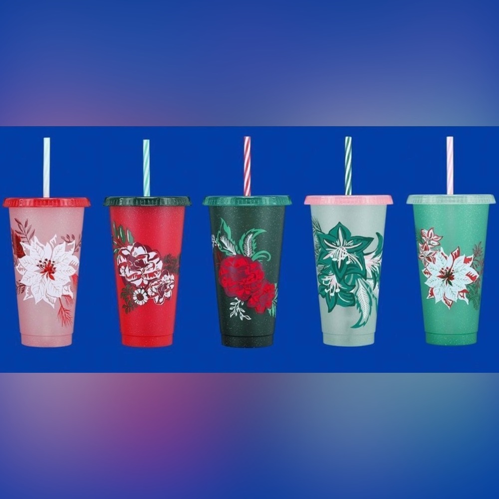 𝅺Starbucks 5 Lt.Edition Glitter Holiday Floral Reusable 24oz Cold Cups Coffee - Picture 7 of 8